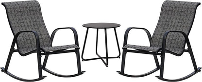 Two rocking chairs with a small round table on a white background
