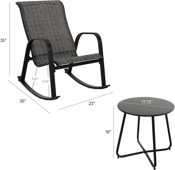 Rocking chair and side table with dimensions on a white background