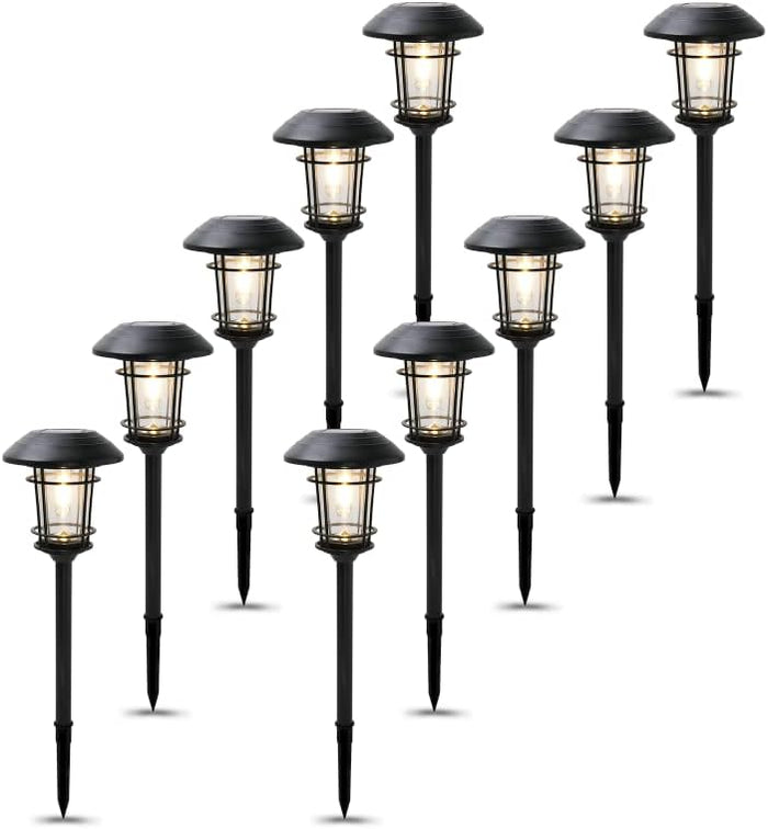 Set of 12 solar pathway lights on a white background
