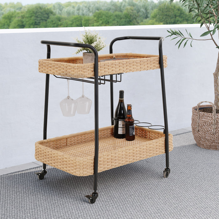 GRAND PATIO Outdoor & Indoor PE Wicker Steel 2-Tier Rolling Bar Beverage Cart Vaxjo Natural Color
