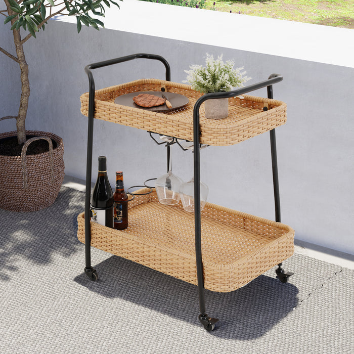 GRAND PATIO Outdoor & Indoor PE Wicker Steel 2-Tier Rolling Bar Beverage Cart Vaxjo Natural Color