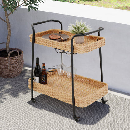 GRAND PATIO Outdoor & Indoor PE Wicker Steel 2-Tier Rolling Bar Beverage Cart Vaxjo Natural Color