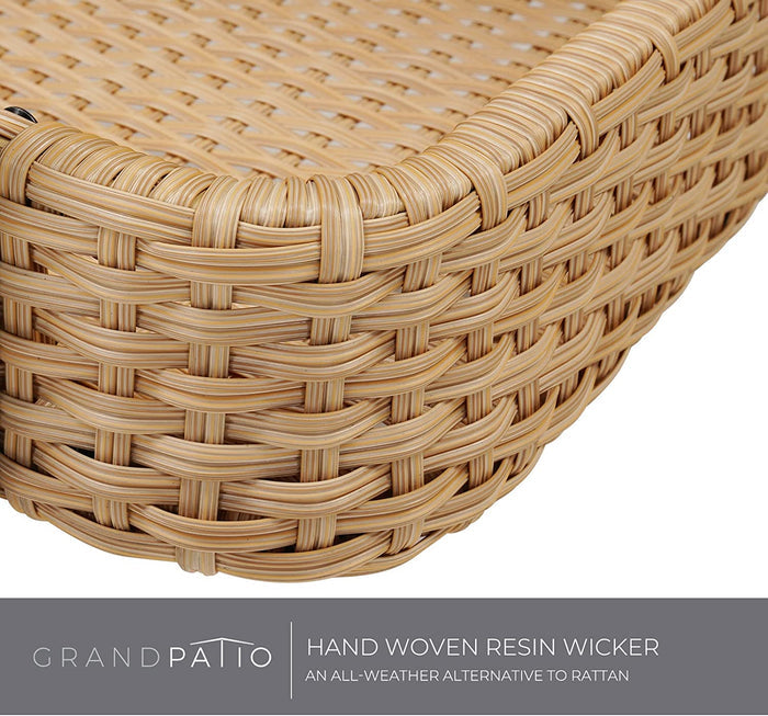 Close-up of a hand-woven resin wicker product with 'GrandPatio' branding.