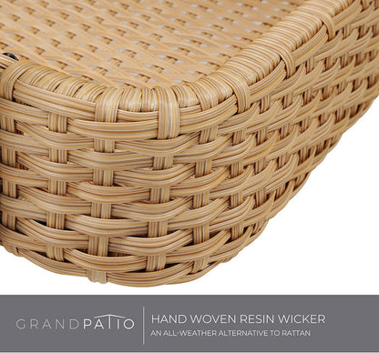 Close-up of a hand-woven resin wicker product with 'GrandPatio' branding.