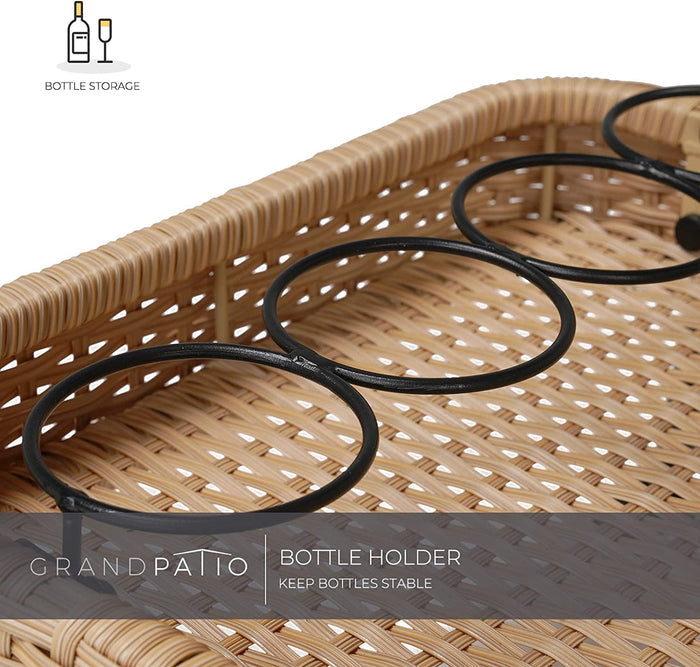 Wicker bottle holder with metal rings on a blurred background