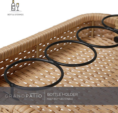 Wicker bottle holder with metal rings on a blurred background