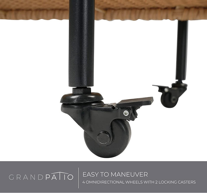 Close-up of a chair's caster wheel with text about Grand patio furniture.