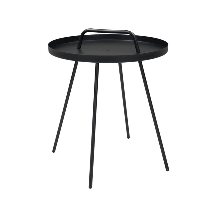 Black side table with round tray top on a white background