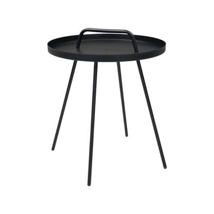Black side table with round tray top on a white background