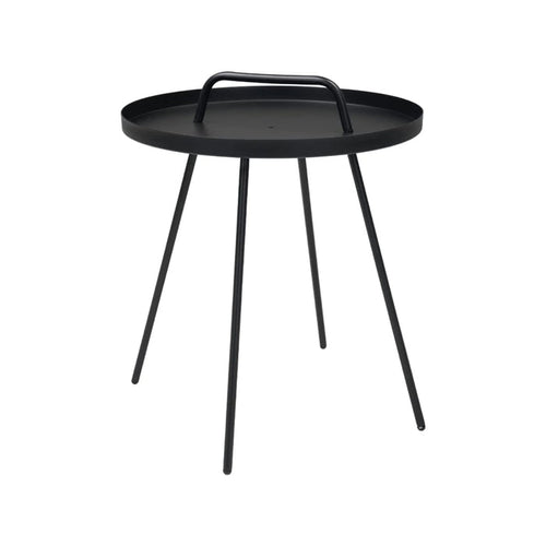 Black side table with round tray top on a white background