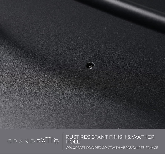 Close-up of a black surface with a weather hole, labeled 'GrandPatio' for rust-resistant finish and weather hole.