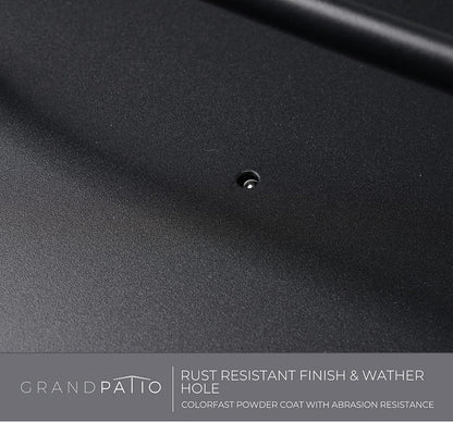 Close-up of a black surface with a weather hole, labeled 'GrandPatio' for rust-resistant finish and weather hole.