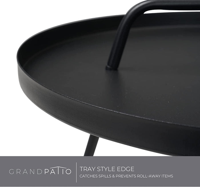 Black metal tray with handle on a white background, featuring 'Grand patio' branding.