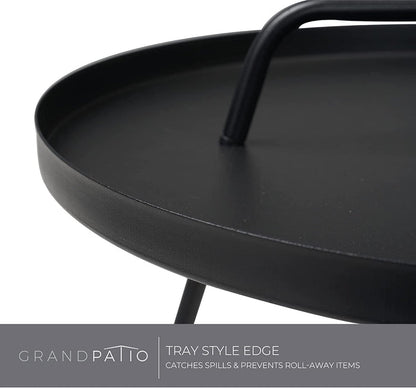 Black metal tray with handle on a white background, featuring 'Grand patio' branding.