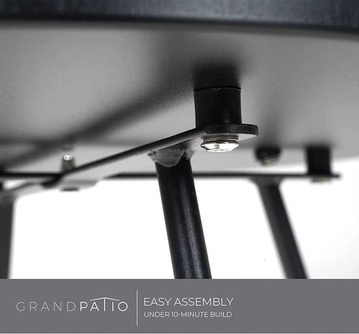 Close-up of a patio chair with a focus on assembly, featuring 'GrandPatio' branding.