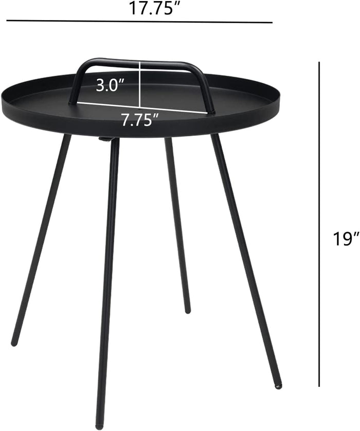 Black side table with dimensions labeled on a white background