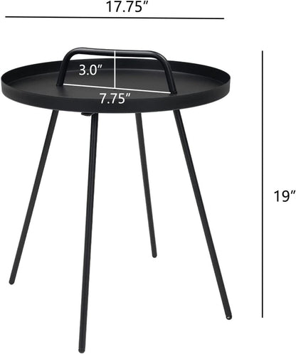 Black side table with dimensions labeled on a white background