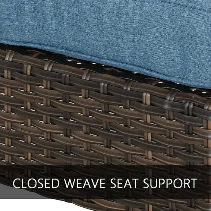Close-up of a wicker chair with blue cushion and 'Closed Weave Seat Support' text.