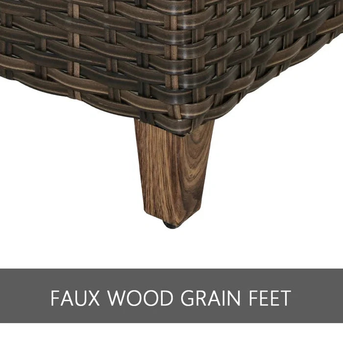 Close-up of a woven chair seat with a faux wood grain foot on a white background.
