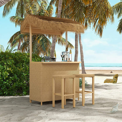 Beachside bar with thatched roof and outdoor furniture against a palm tree backdrop.