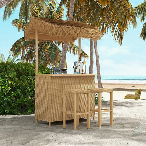Beachside bar with thatched roof and outdoor furniture against a palm tree backdrop.