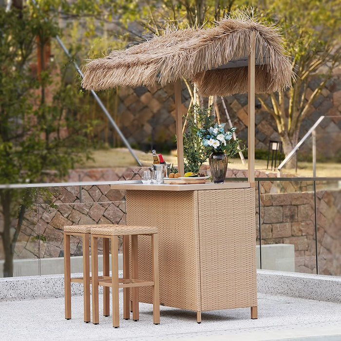 Outdoor patio bar with thatched roof, stools, and decorative elements in a garden setting.