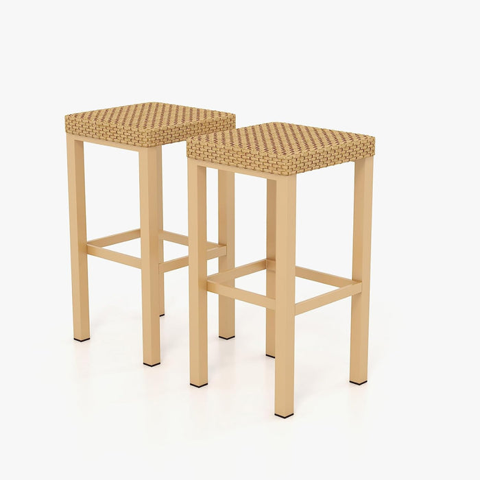 Two woven bar stools on a white background