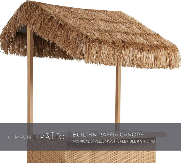 Thatched roof canopy with 'GrandPatio' branding on a white background