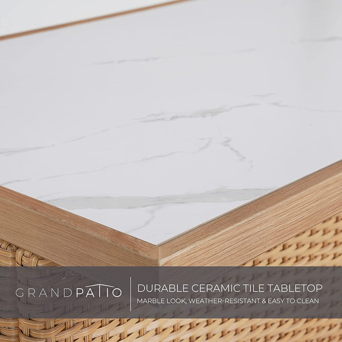 Ceramic tile tabletop with wicker frame on a white background, featuring Grand patio branding.