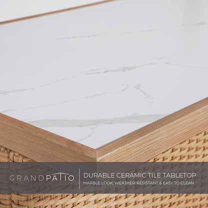 Ceramic tile tabletop with wicker frame on a white background, featuring Grand patio branding.