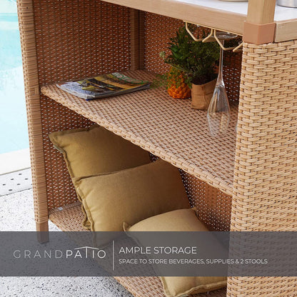 Wicker outdoor furniture with storage space, cushions, and a plant on a patio.