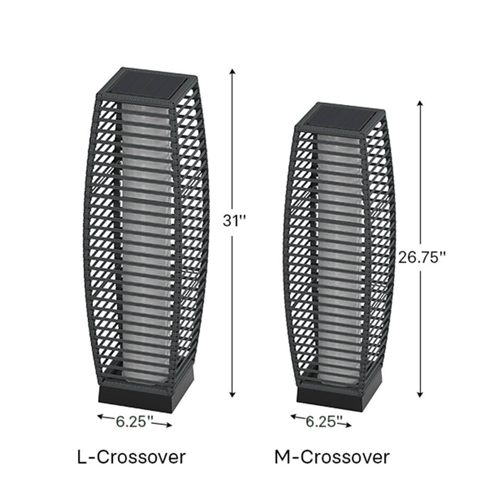 Grand Patio outdoor solar-powered crossover woven resin wicker floor lamp in two sizes, showcasing a modern design and bla...