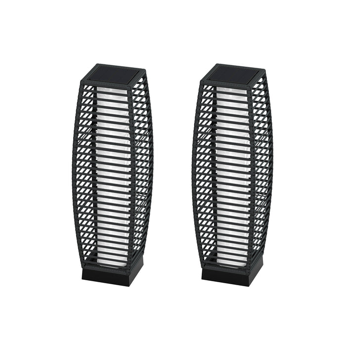 Two outdoor solar-powered crossover woven resin wicker floor lamps with a sleek black design.