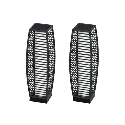 Two outdoor solar-powered crossover woven resin wicker floor lamps with a sleek black design.