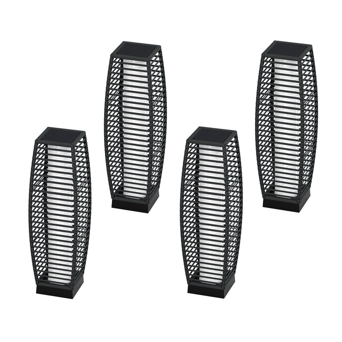 Four outdoor solar-powered floor lamps with a crossover woven resin wicker design, featuring a sleek black finish.