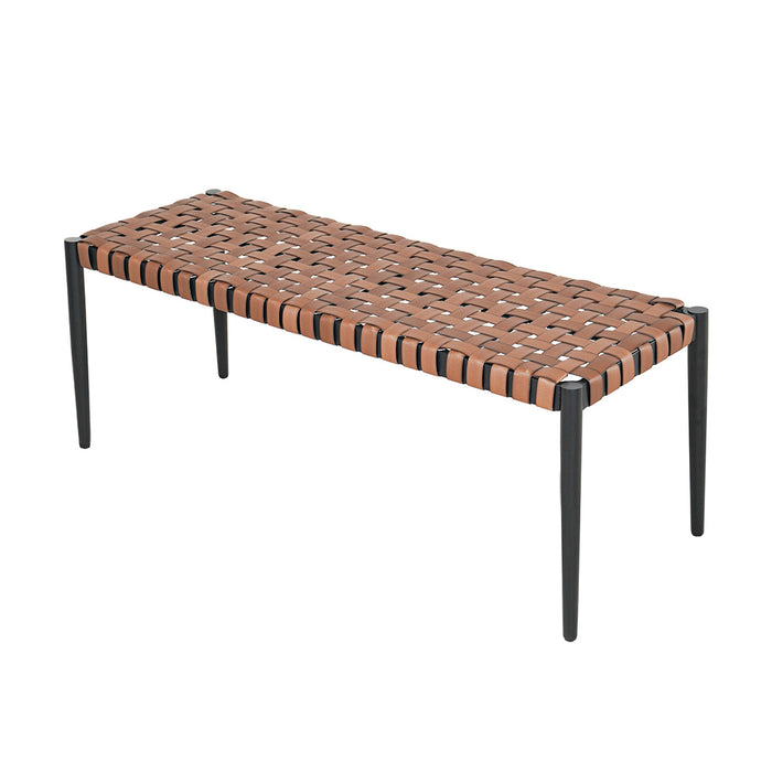 Grand Patio 2-seat bench with a steel frame and leather-look resin wicker in a brown and black color scheme.