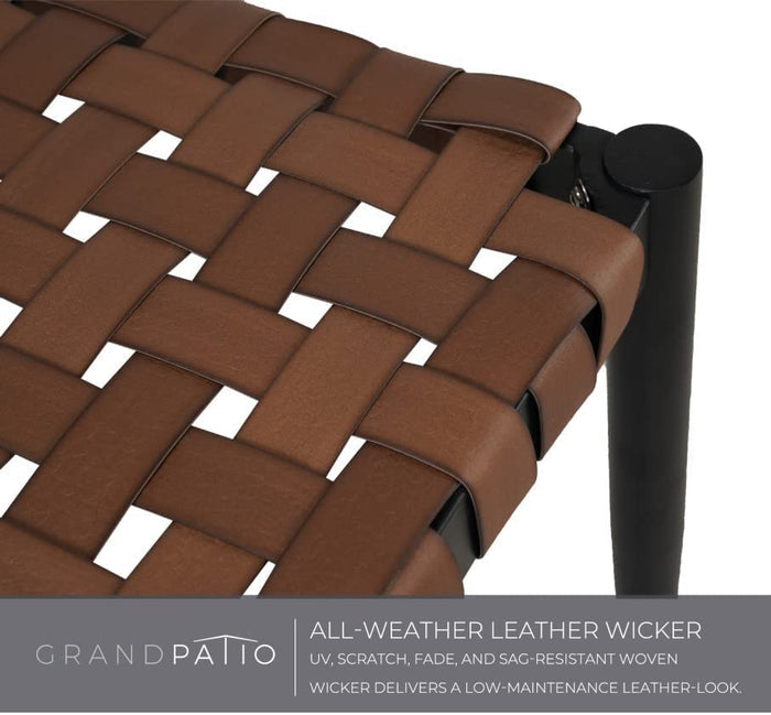 Brown leather-look resin wicker woven seat on a black steel frame for a two-seat bench. Suitable for indoor or outdoor use.