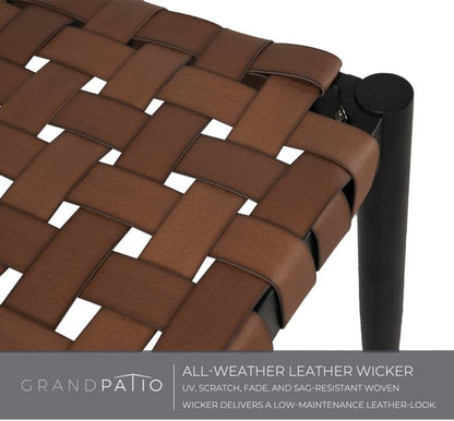 Brown leather-look resin wicker woven seat on a black steel frame for a two-seat bench. Suitable for indoor or outdoor use.