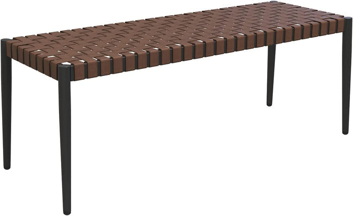 Grand Patio outdoor/indoor 2-seat bench with a steel frame and leather-look resin wicker in brown and black.