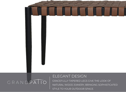 Brown leather-look resin wicker bench with a steel frame and tapered legs, suitable for indoor or outdoor use.