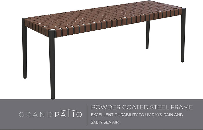 Grand patio outdoor/indoor 2-seat bench with a steel frame and leather-look resin wicker in brown.