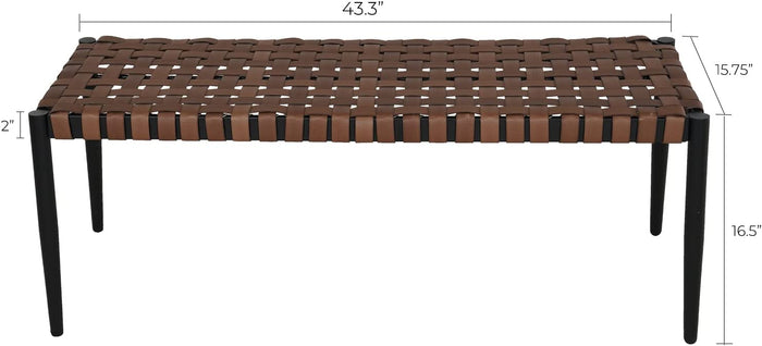 Brown leather-look resin wicker 2-seat bench with a steel frame, measuring 43.3 inches wide and 15.75 inches high.