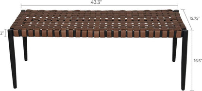 Brown leather-look resin wicker 2-seat bench with a steel frame, measuring 43.3 inches wide and 15.75 inches high.
