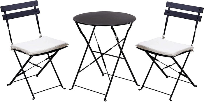 Set of two folding chairs with white cushions and a matching round table on a white background