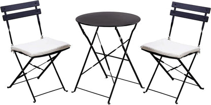 Set of two folding chairs with white cushions and a matching round table on a white background
