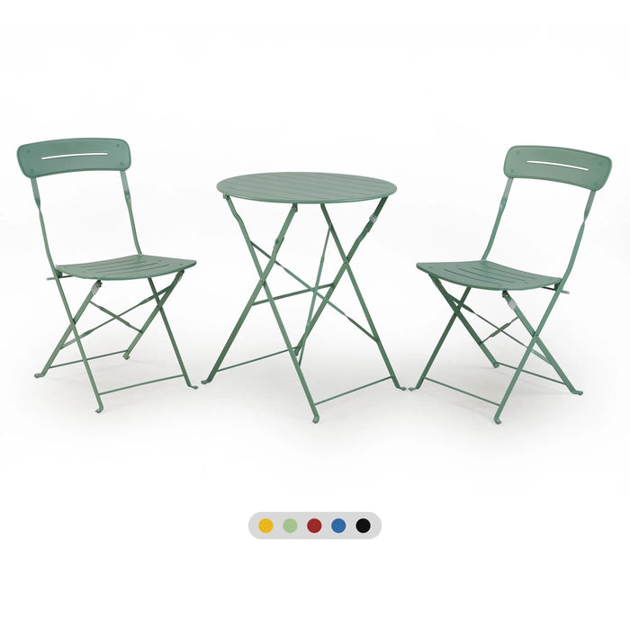 Green metal folding table and chairs on a white background
