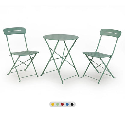 Green metal folding table and chairs on a white background