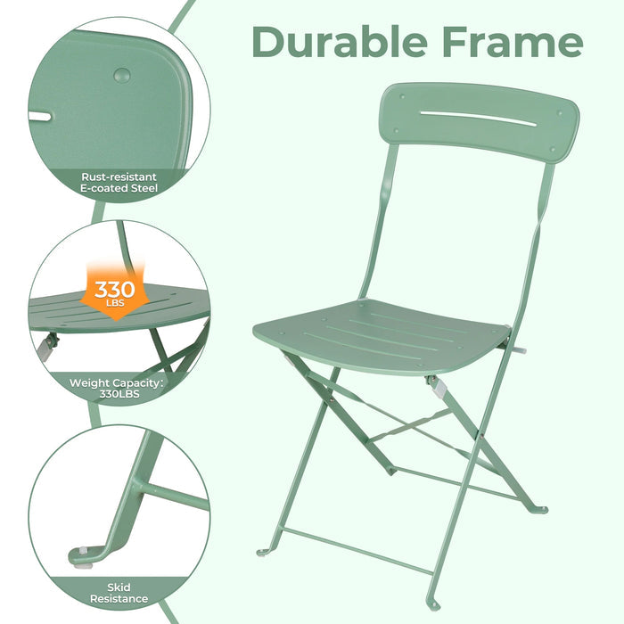 Green folding chair with durable frame features on a white background