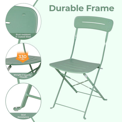 Green folding chair with durable frame features on a white background