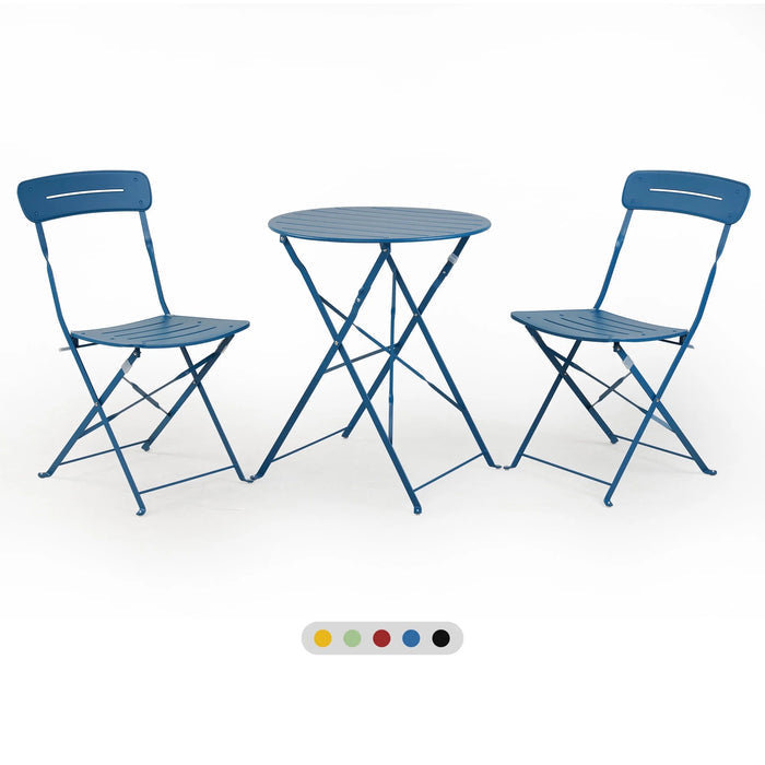 Blue metal folding table and chairs on a white background